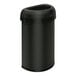 A simplehuman matte black semi-round open top trash can.