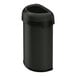 A simplehuman matte black steel semi-round open top trash can with a lid.