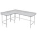 A white rectangular stainless steel work table with two metal legs.