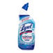 A close up of a blue and white Lysol Hydrogen Peroxide Toilet Bowl Cleaner bottle.