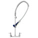 A T&S chrome pre-rinse faucet with a blue handle and hose.