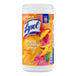 A white plastic container of Lysol Mango and Hibiscus Scent disinfecting wipes with a label.