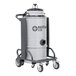 A grey and black industrial wet/dry vacuum with black wheels.
