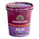 A purple container of Sambazon Organic Acai Sorbet with a purple lid.