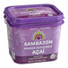 A purple Sambazon container of frozen Acai with a white lid and white text.