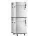 A stacked stainless steel cook and hold smoker oven with a smoker box, mounted on wheels.