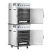 A stacked stainless steel cook and hold smoker oven with open doors, multiple racks, and control panels, designed for commercial kitchen use.
