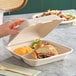 A hand holding a Dart ProPlanet compostable take-out container with a sandwich, salad, and chips.