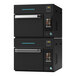 A stack of black rectangular Pratica Fit ST double deck high-speed ovens with blue stripes on them.