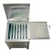 A stainless steel Belshaw liquid propane donut fryer with a lid open.
