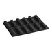 A black silicone tray with 12 long, narrow cavities with small, rectangular holes.