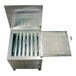 A large stainless steel Belshaw donut fryer with a lid open.