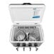 A white cooler with metal coils inside.