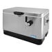 A silver stainless steel Coldbreak jockey box with a black handle and rear input tap.