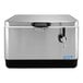 A silver stainless steel Coldbreak jockey box with a black handle and tap.