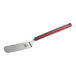 A stainless steel solid rounded edge turner with an 8-inch by 3-inch blade and a long red and gray nylon handle.
