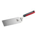 A stainless steel high heat solid square edge turner with a red and gray nylon handle.
