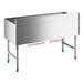 A stainless steel Regency underbar ice bin with red sliding lid pegs.