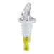 A clear and yellow 1.5 oz. measured liquor pourer with a ribbed silicone stopper.