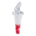 A clear and red 1 oz. measured liquor pourer with a three-ball mechanism.