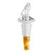 A clear and yellow measured liquor pourer with a spout and no collar.