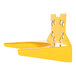 A yellow metal Vestil pail lifter shelf with two holes in it.