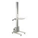 A silver metal Vestil quick lift table with wheels and a handle.