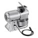 An electric hard cheese grater with a stainless steel body, a feeding chute, a collection bowl, and a power cord.