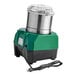 A green and black electric food processor with a stainless steel batch bowl and a clear lid.