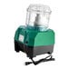 A green and black electric food processor with a clear plastic batch bowl and attached power cord.