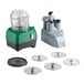 A combination food processor set with a green and gray base, a clear plastic bowl, and six metal discs for slicing and shredding.