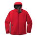 A Port Authority red rain jacket with a black zipper and hood.