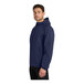 A close-up of a Port Authority unisex navy rain jacket with a black hood and zipper.