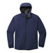 A Port Authority unisex navy rain jacket with a hood.