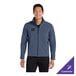 A unisex navy heather soft shell jacket with a customizable logo on the chest.