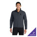 A unisex battleship gray soft shell jacket with a front zipper and customizable options.