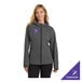 A women's graphite rain jacket with a hood and customizable logo on the chest.