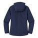 A close up of a Port Authority navy blue rain jacket with a hood.