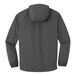 A graphite Port Authority rain jacket with a hood.