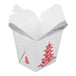 A white 32 oz. microwavable paper take-out container with a red pagoda design, commonly used for Chinese or Asian food.