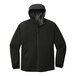 A black Port Authority essential rain jacket with a hood.