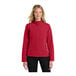 A woman wearing a Port Authority rich red soft shell jacket.