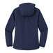 A close up of a navy Port Authority rain jacket with a hood.