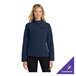 A women's navy blue soft shell jacket with a front zipper and zippered pockets, available for customization.