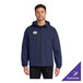 A unisex navy rain jacket with a hood and a customizable logo on the chest.