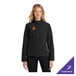 A women's black soft shell jacket with a front zipper and customizable logo on the chest.