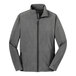 A Port Authority pearl gray heather soft shell jacket with a zipper.