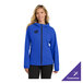 A women's true royal blue rain jacket with a hood and front zipper, shown in a customizable style.