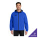 A blue unisex rain jacket with a hood and customizable logo on the chest.