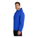 A close-up of a Port Authority unisex blue rain jacket with a hood and zipper.